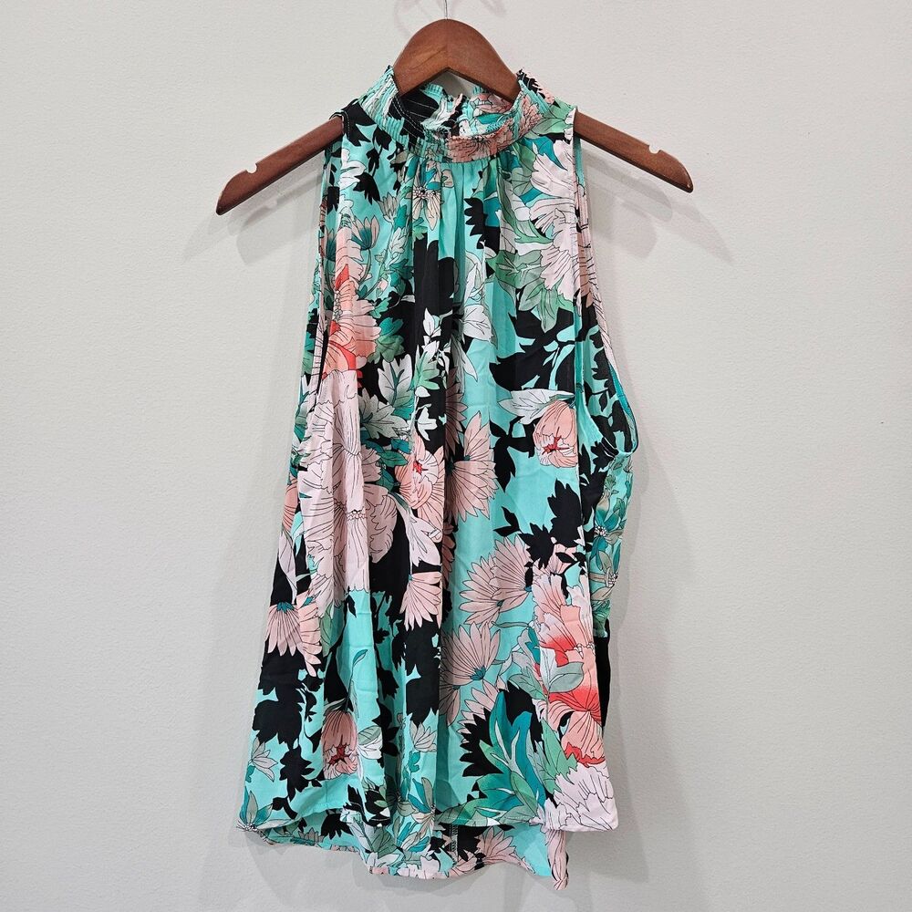 Womens Floral Chiffon Tank Top 1X Green Pink Flowy Romantic Fairy Feminine Boho